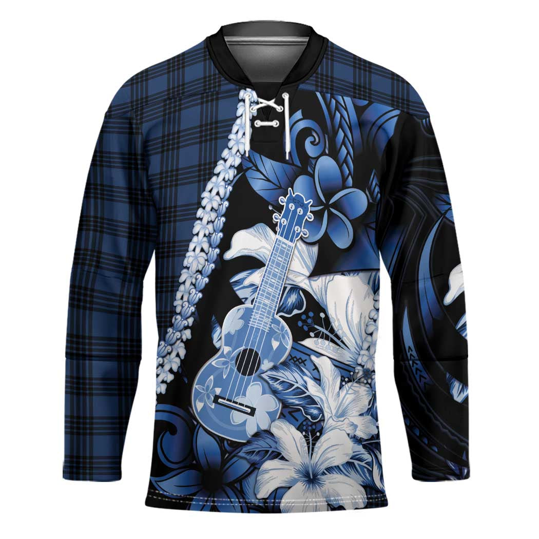 Hawaii Ukulele Hockey Jersey Tropical Flowers With Palaka Effect Blue Version - Polynesian Pride