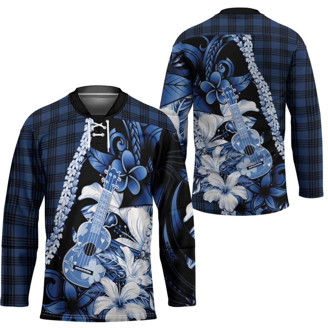Hawaii Ukulele Hockey Jersey Tropical Flowers With Palaka Effect Blue Version - Polynesian Pride