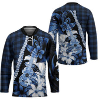 Hawaii Ukulele Hockey Jersey Tropical Flowers With Palaka Effect Blue Version - Polynesian Pride