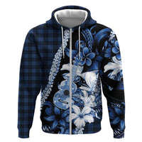 Hawaii Ukulele Hoodie Tropical Flowers With Palaka Effect Blue Version - Polynesian Pride