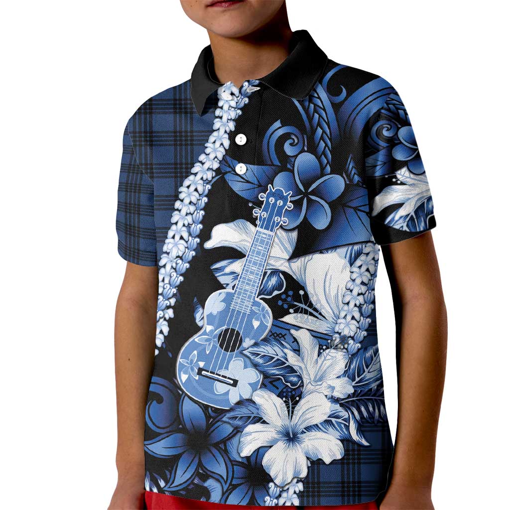 Hawaii Ukulele Kid Polo Shirt Tropical Flowers With Palaka Effect Blue Version - Polynesian Pride