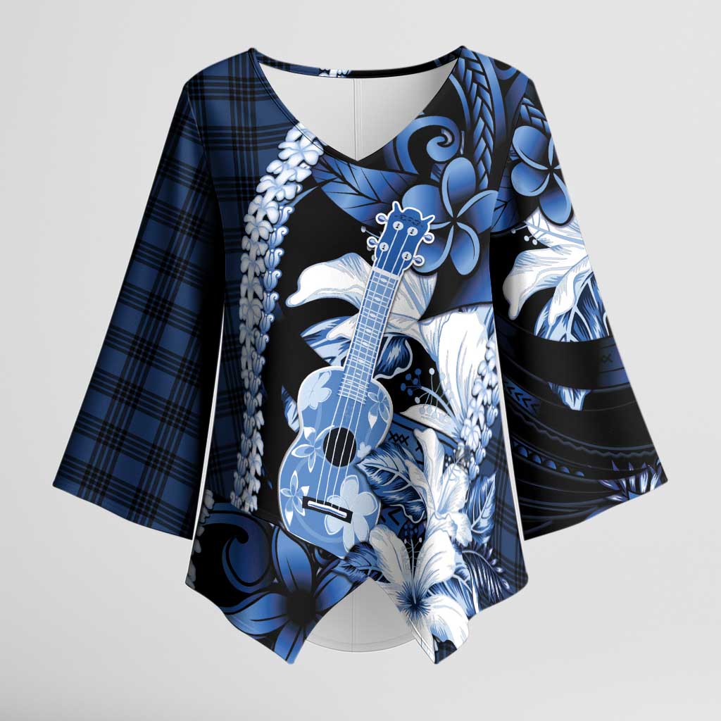 Hawaii Ukulele Kimono Sleeve Blouse Tropical Flowers With Palaka Effect Blue Version - Polynesian Pride