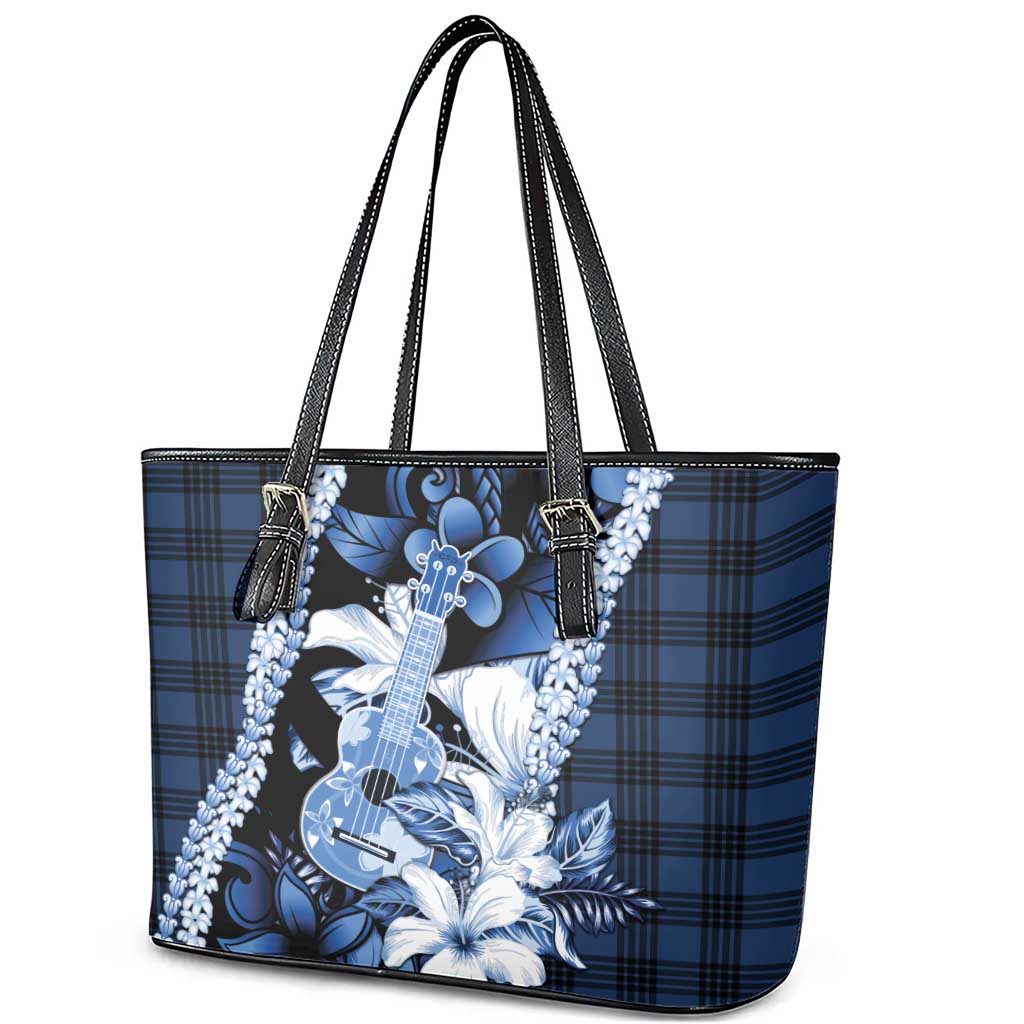Hawaii Ukulele Leather Tote Bag Tropical Flowers With Palaka Effect Blue Version - Polynesian Pride