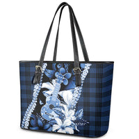 Hawaii Ukulele Leather Tote Bag Tropical Flowers With Palaka Effect Blue Version - Polynesian Pride