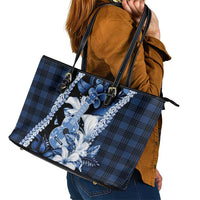 Hawaii Ukulele Leather Tote Bag Tropical Flowers With Palaka Effect Blue Version - Polynesian Pride