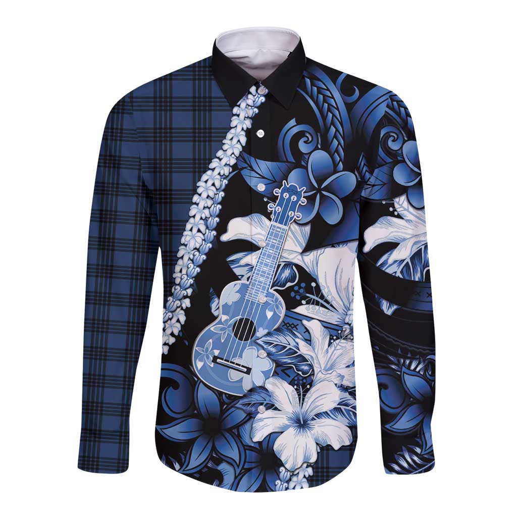 Hawaii Ukulele Long Sleeve Button Shirt Tropical Flowers With Palaka Effect Blue Version LT05 Unisex Blue - Polynesian Pride