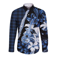 Hawaii Ukulele Long Sleeve Button Shirt Tropical Flowers With Palaka Effect Blue Version LT05 Unisex Blue - Polynesian Pride