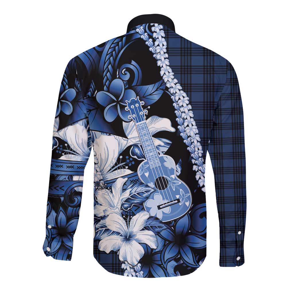 Hawaii Ukulele Long Sleeve Button Shirt Tropical Flowers With Palaka Effect Blue Version LT05 - Polynesian Pride