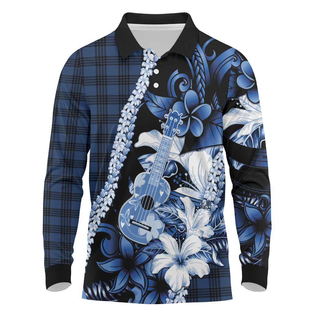 Hawaii Ukulele Long Sleeve Polo Shirt Tropical Flowers With Palaka Effect Blue Version - Polynesian Pride