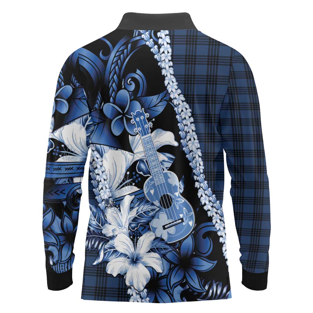 Hawaii Ukulele Long Sleeve Polo Shirt Tropical Flowers With Palaka Effect Blue Version - Polynesian Pride