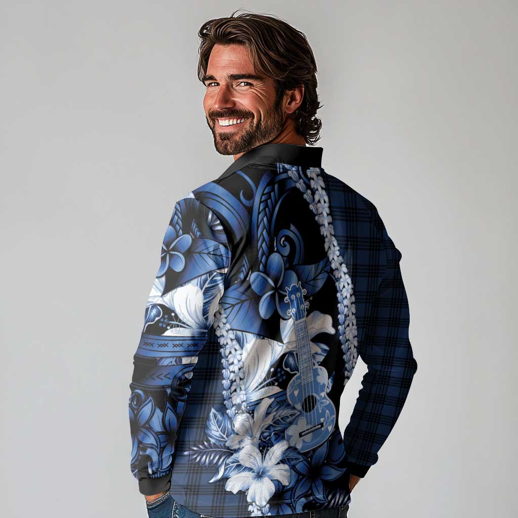 Hawaii Ukulele Long Sleeve Polo Shirt Tropical Flowers With Palaka Effect Blue Version - Polynesian Pride