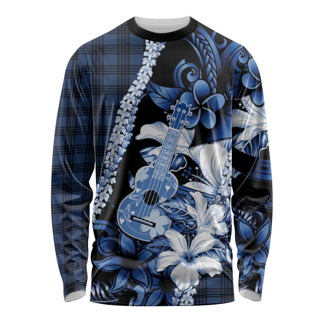 Hawaii Ukulele Long Sleeve Shirt Tropical Flowers With Palaka Effect Blue Version LT05 Unisex Blue - Polynesian Pride
