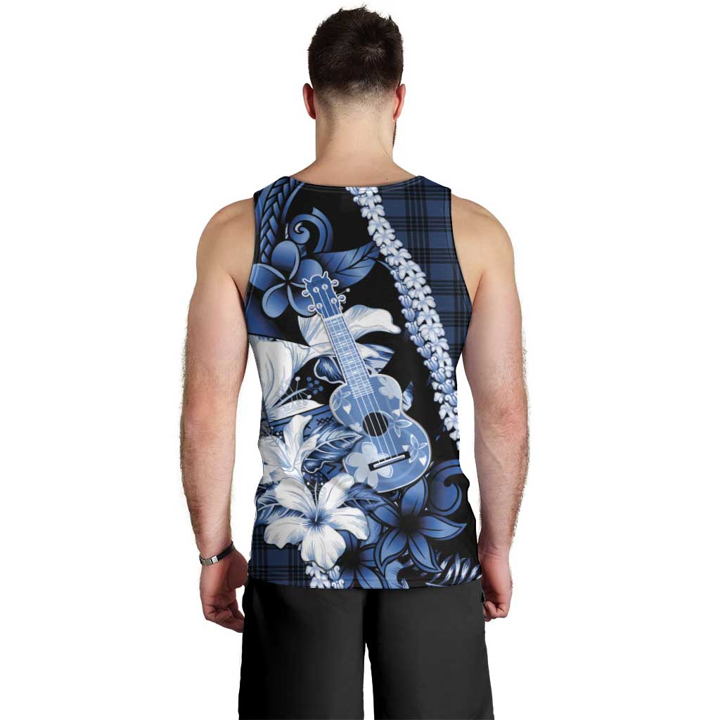 Hawaii Ukulele Men Tank Top Tropical Flowers With Palaka Effect Blue Version LT05 - Polynesian Pride