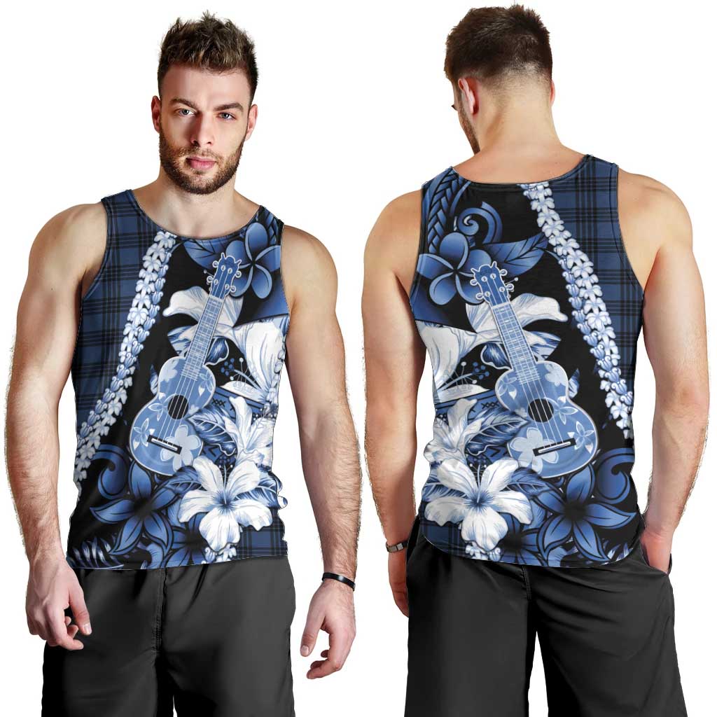 Hawaii Ukulele Men Tank Top Tropical Flowers With Palaka Effect Blue Version LT05 - Polynesian Pride