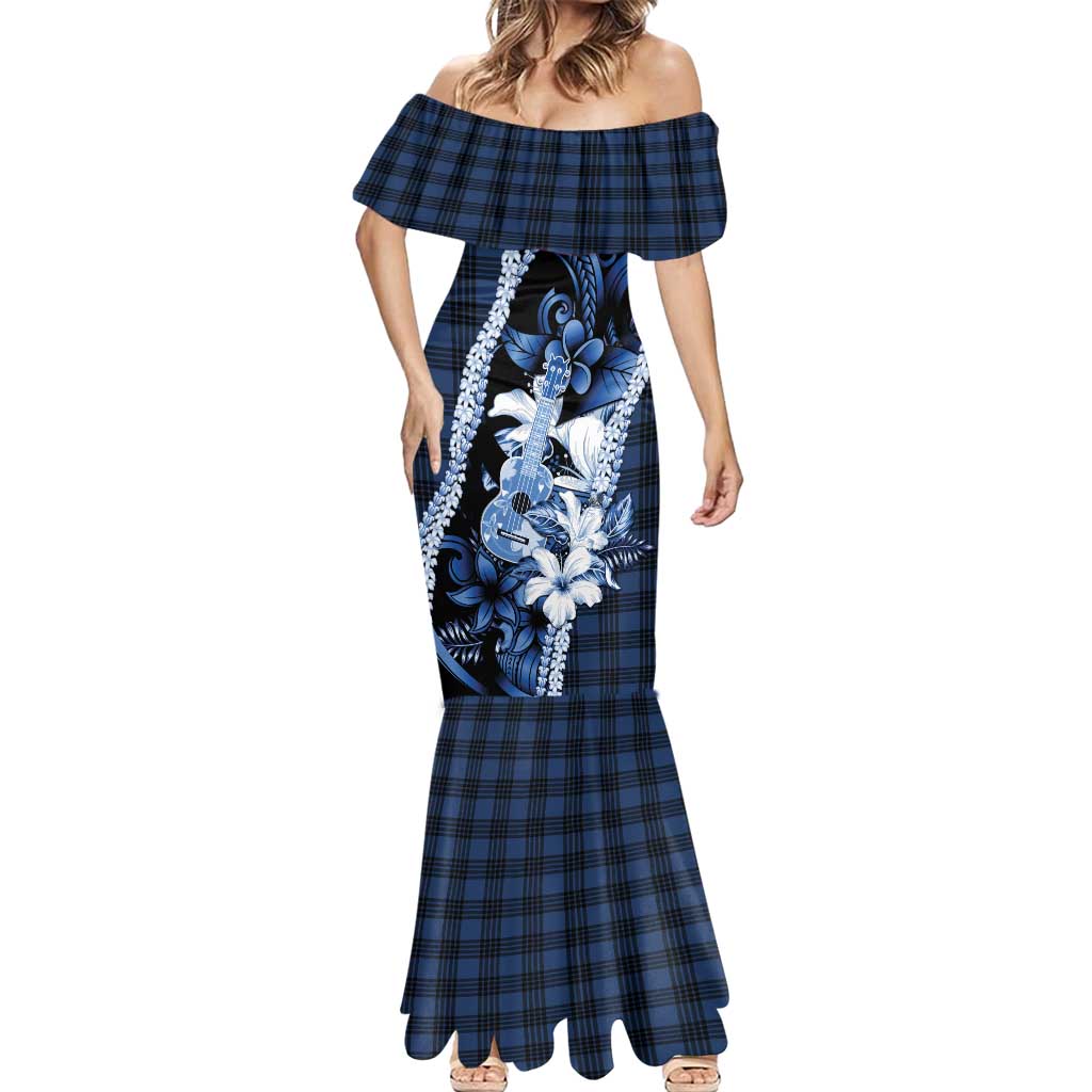 Hawaii Ukulele Mermaid Dress Tropical Flowers With Palaka Effect Blue Version - Polynesian Pride