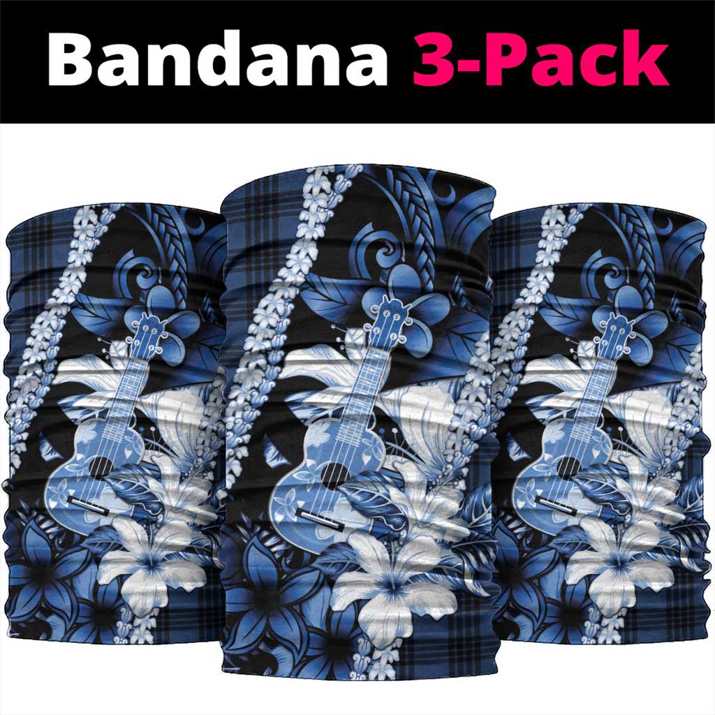 Hawaii Ukulele Neck Gaiter Tropical Flowers With Palaka Effect Blue Version - Polynesian Pride