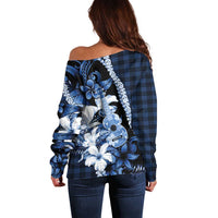 Hawaii Ukulele Off Shoulder Sweater Tropical Flowers With Palaka Effect Blue Version - Polynesian Pride