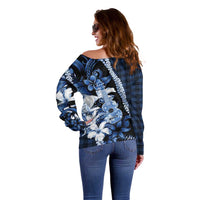 Hawaii Ukulele Off Shoulder Sweater Tropical Flowers With Palaka Effect Blue Version - Polynesian Pride