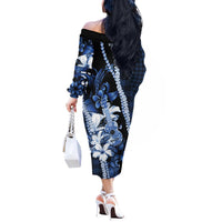 Hawaii Ukulele Off The Shoulder Long Sleeve Dress Tropical Flowers With Palaka Effect Blue Version - Polynesian Pride