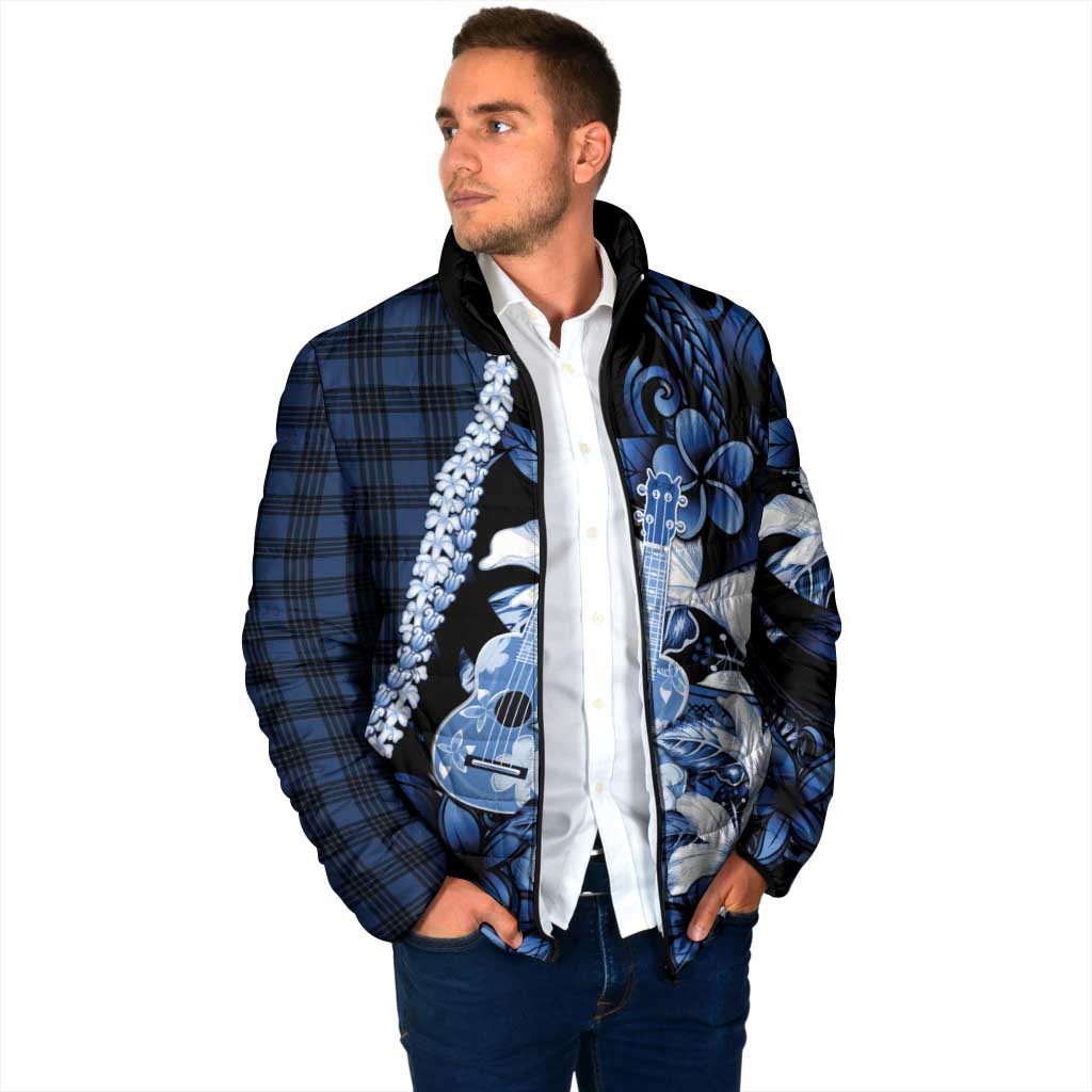 Hawaii Ukulele Padded Jacket Tropical Flowers With Palaka Effect Blue Version - Polynesian Pride