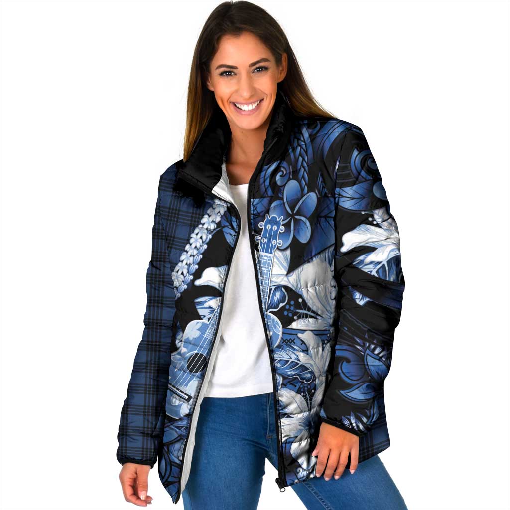 Hawaii Ukulele Padded Jacket Tropical Flowers With Palaka Effect Blue Version - Polynesian Pride