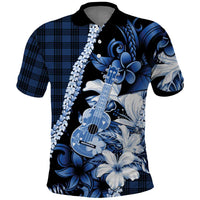 Hawaii Ukulele Polo Shirt Tropical Flowers With Palaka Effect Blue Version - Polynesian Pride