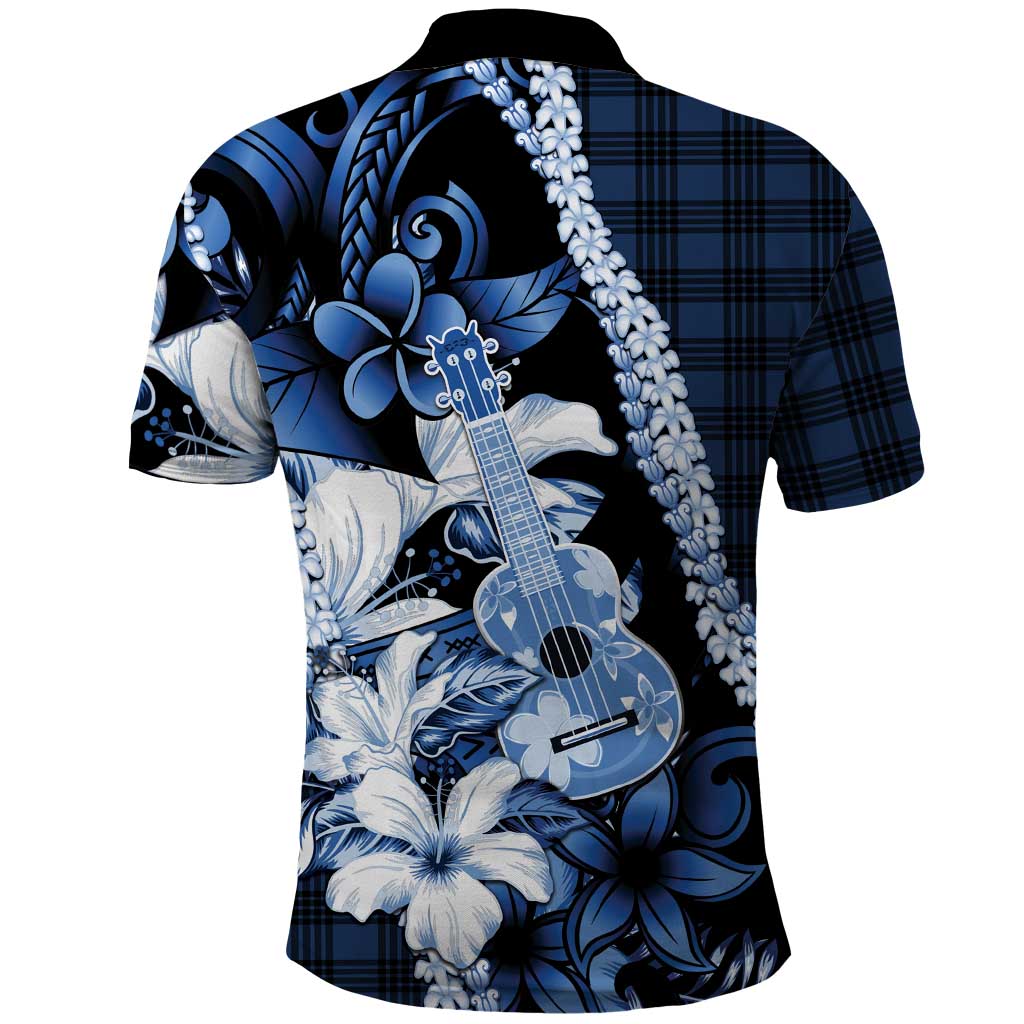 Hawaii Ukulele Polo Shirt Tropical Flowers With Palaka Effect Blue Version - Polynesian Pride