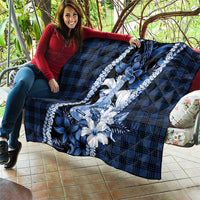 Hawaii Ukulele Quilt Tropical Flowers With Palaka Effect Blue Version - Polynesian Pride