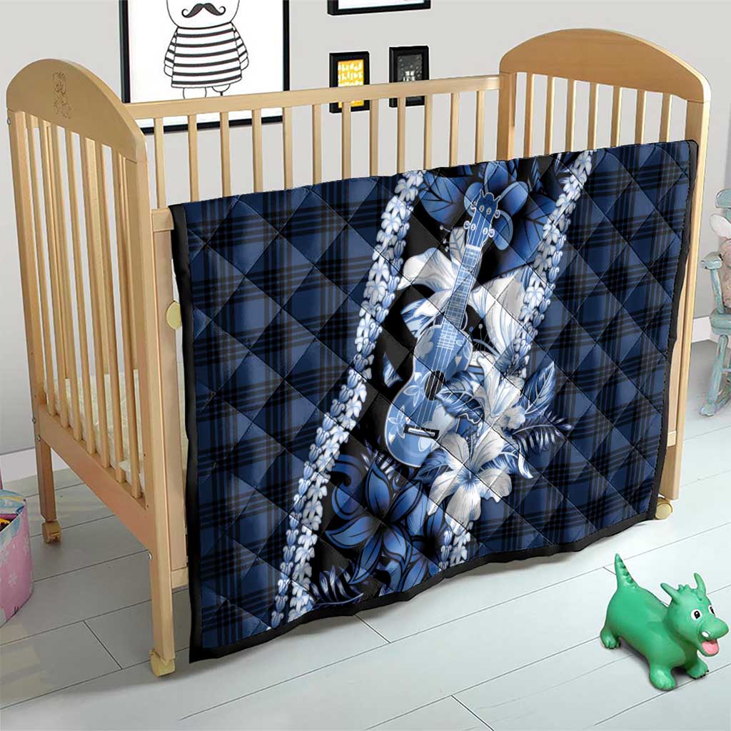 Hawaii Ukulele Quilt Tropical Flowers With Palaka Effect Blue Version - Polynesian Pride