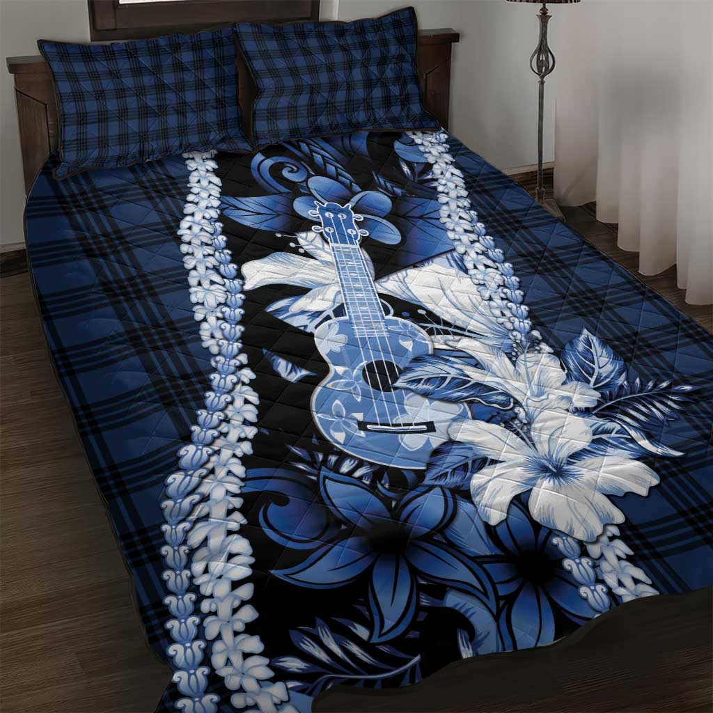 Hawaii Ukulele Quilt Bed Set Tropical Flowers With Palaka Effect Blue Version - Polynesian Pride