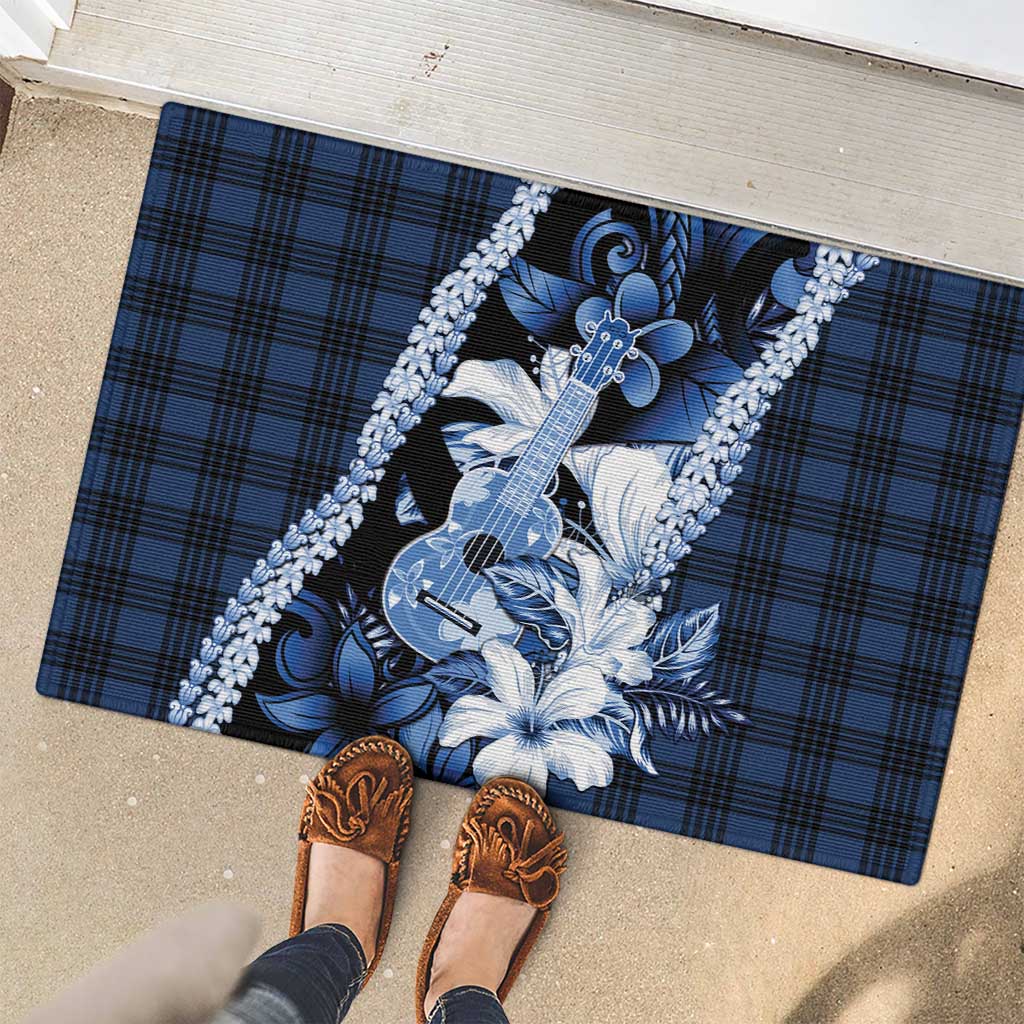 Hawaii Ukulele Rubber Doormat Tropical Flowers With Palaka Effect Blue Version - Polynesian Pride