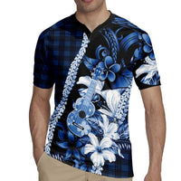 Hawaii Ukulele Rugby Jersey Tropical Flowers With Palaka Effect Blue Version - Polynesian Pride