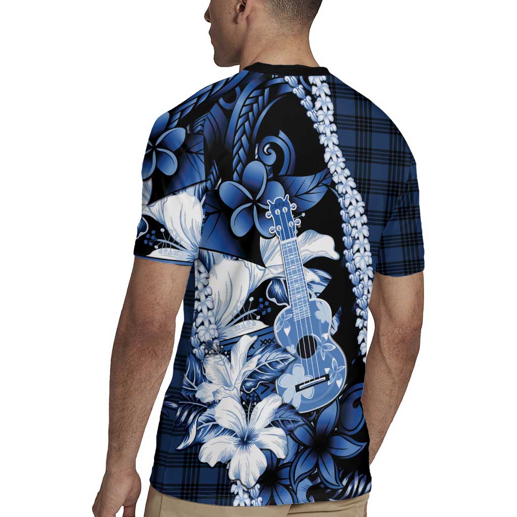 Hawaii Ukulele Rugby Jersey Tropical Flowers With Palaka Effect Blue Version - Polynesian Pride