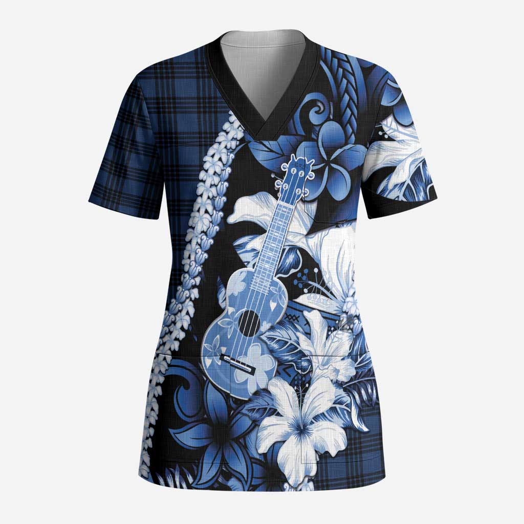 Hawaii Ukulele Scrub Top Tropical Flowers With Palaka Effect Blue Version - Polynesian Pride