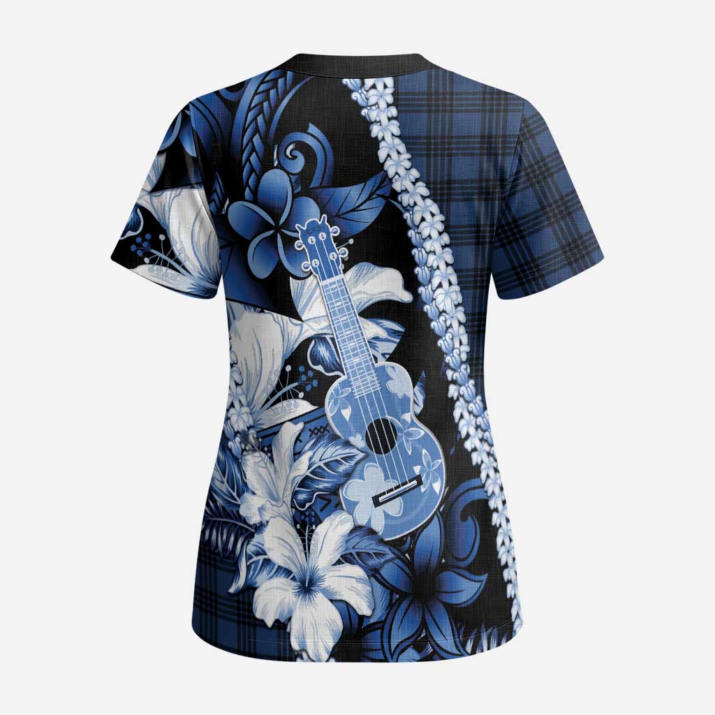 Hawaii Ukulele Scrub Top Tropical Flowers With Palaka Effect Blue Version - Polynesian Pride