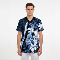 Hawaii Ukulele Scrub Top Tropical Flowers With Palaka Effect Blue Version - Polynesian Pride