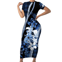 Hawaii Ukulele Short Sleeve Bodycon Dress Tropical Flowers With Palaka Effect Blue Version - Polynesian Pride
