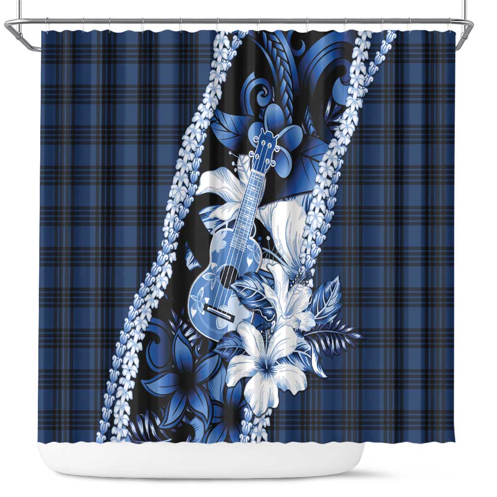 Hawaii Ukulele Shower Curtain Tropical Flowers With Palaka Effect Blue Version - Polynesian Pride