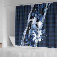Hawaii Ukulele Shower Curtain Tropical Flowers With Palaka Effect Blue Version - Polynesian Pride