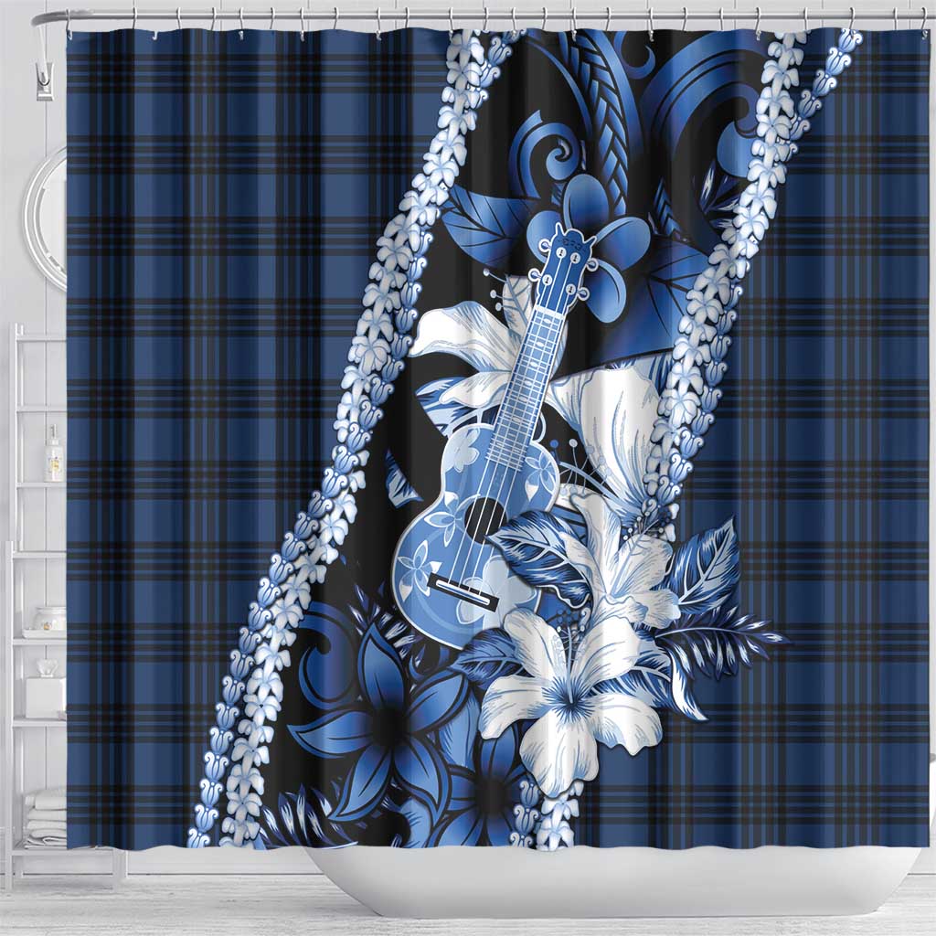 Hawaii Ukulele Shower Curtain Tropical Flowers With Palaka Effect Blue Version - Polynesian Pride