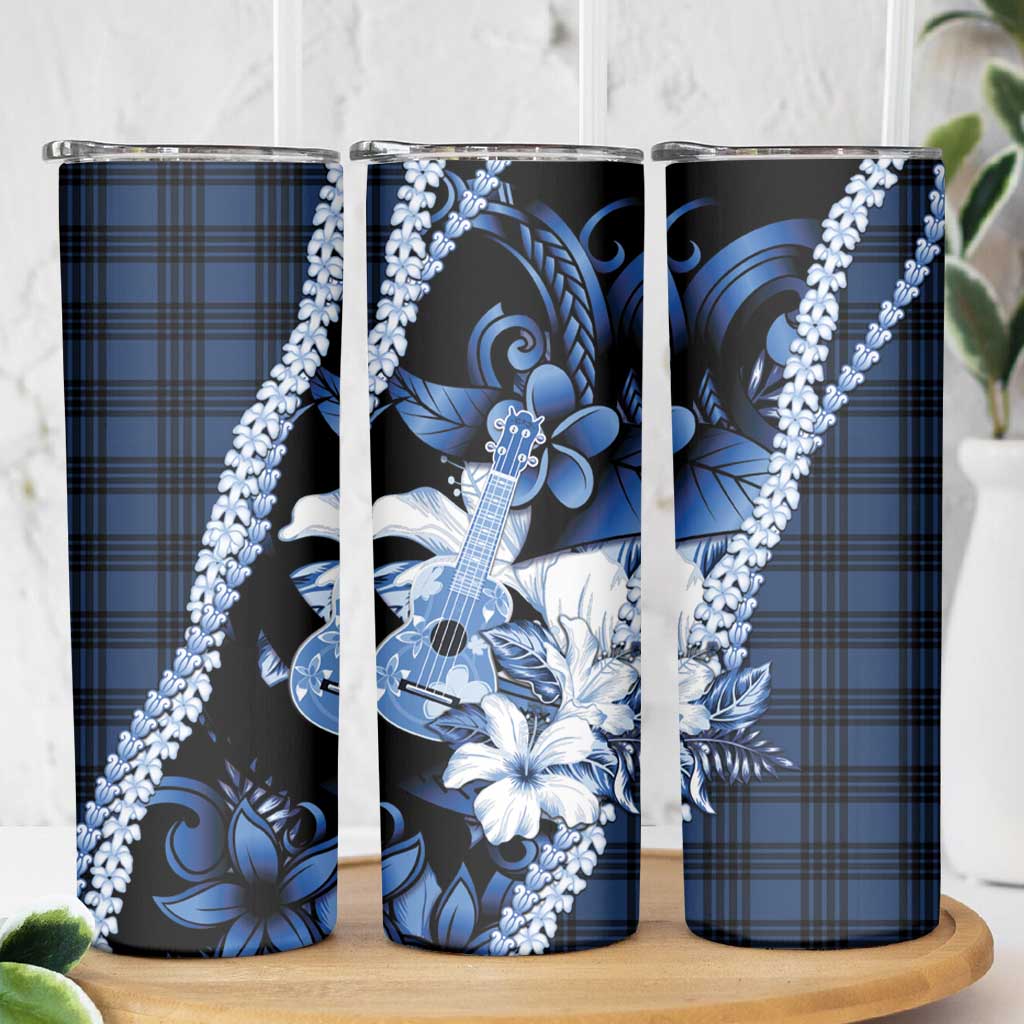 Hawaii Ukulele Skinny Tumbler Tropical Flowers With Palaka Effect Blue Version - Polynesian Pride
