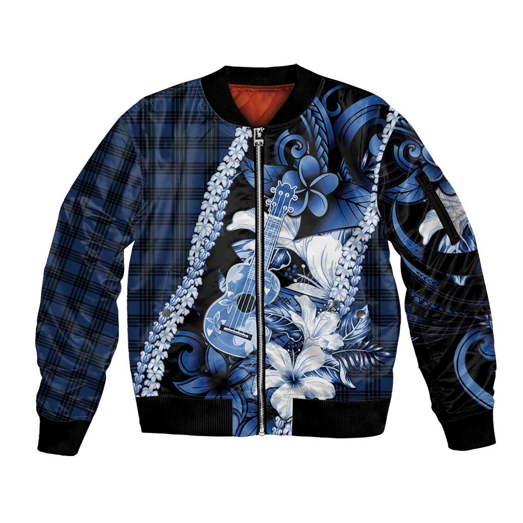Hawaii Ukulele Sleeve Zip Bomber Jacket Tropical Flowers With Palaka Effect Blue Version - Polynesian Pride