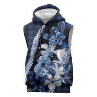 Hawaii Ukulele Sleeveless Hoodie Tropical Flowers With Palaka Effect Blue Version - Polynesian Pride