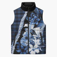 Hawaii Ukulele Sleeveless Puffer Jacket Tropical Flowers With Palaka Effect Blue Version - Polynesian Pride