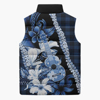 Hawaii Ukulele Sleeveless Puffer Jacket Tropical Flowers With Palaka Effect Blue Version - Polynesian Pride