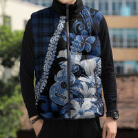 Hawaii Ukulele Sleeveless Puffer Jacket Tropical Flowers With Palaka Effect Blue Version - Polynesian Pride