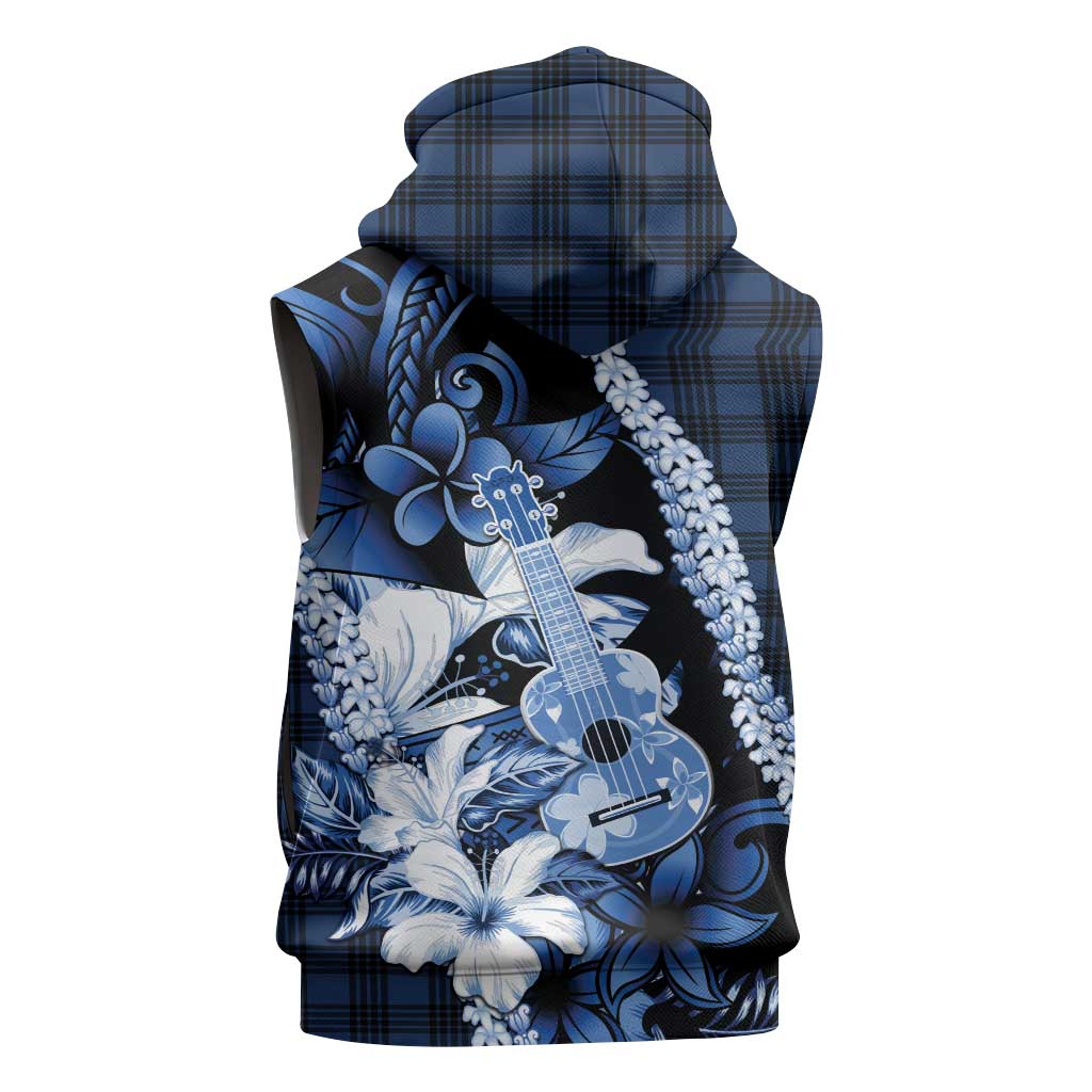Hawaii Ukulele Sleeveless Zip Hoodie Tropical Flowers With Palaka Effect Blue Version - Polynesian Pride
