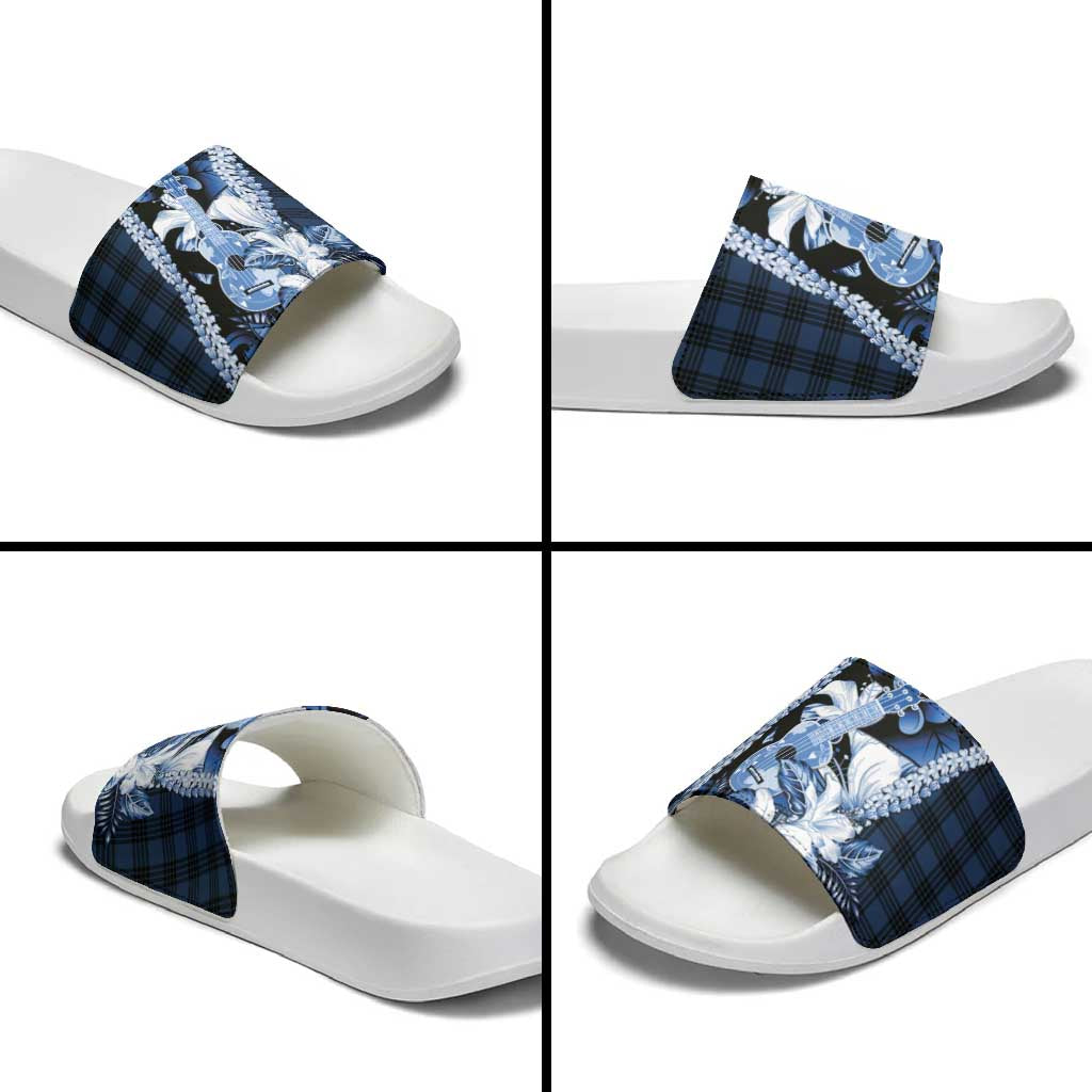 Hawaii Ukulele Slide Sandals Tropical Flowers With Palaka Effect Blue Version - Polynesian Pride