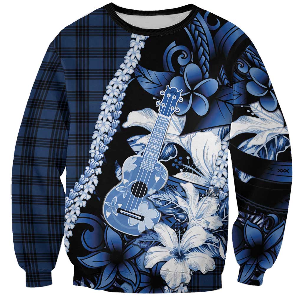 Hawaii Ukulele Sweatshirt Tropical Flowers With Palaka Effect Blue Version LT05 Unisex Blue - Polynesian Pride