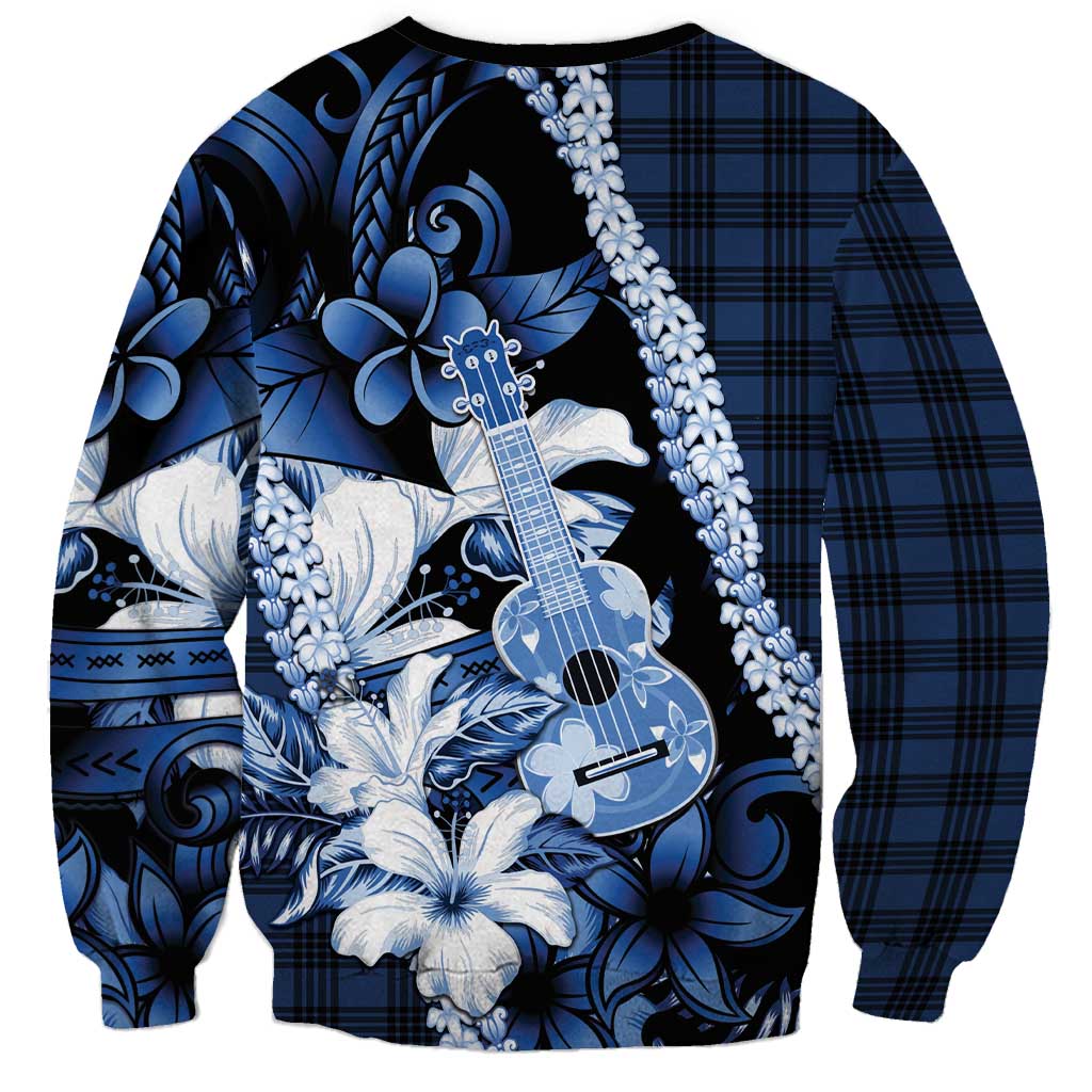 Hawaii Ukulele Sweatshirt Tropical Flowers With Palaka Effect Blue Version LT05 - Polynesian Pride